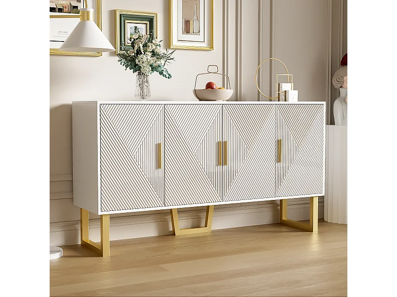 URBAN MEUBLE Buffet luxe blanc laqué portes texturées et accents dorées