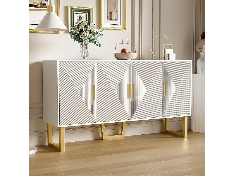 URBAN MEUBLE Buffet luxe blanc laqué portes texturées et accents dorées