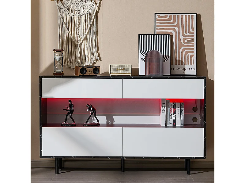 Buffet effet marbre noir et blanc 4 tiroirs et éclairage LED 150x35x89,5cm