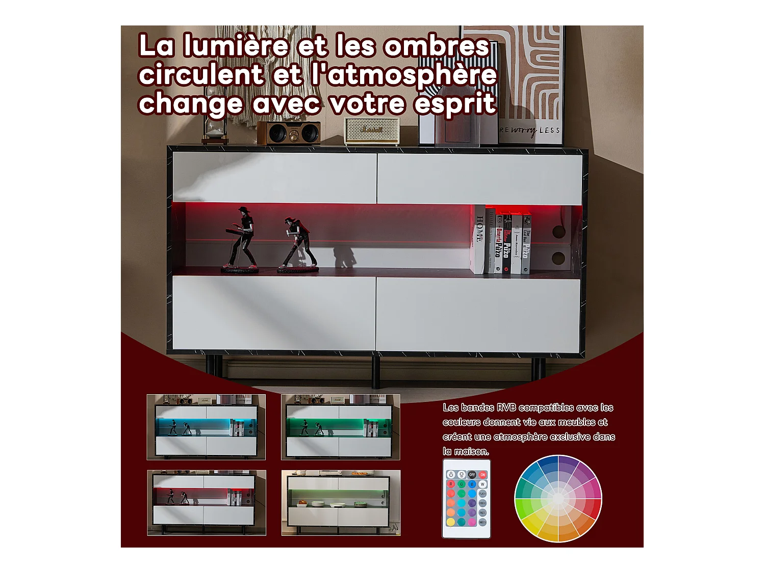 Buffet effet marbre noir et blanc 4 tiroirs et éclairage LED 150x35x89,5cm