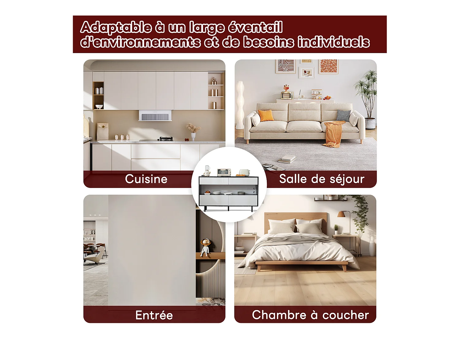 Buffet effet marbre noir et blanc 4 tiroirs et éclairage LED 150x35x89,5cm