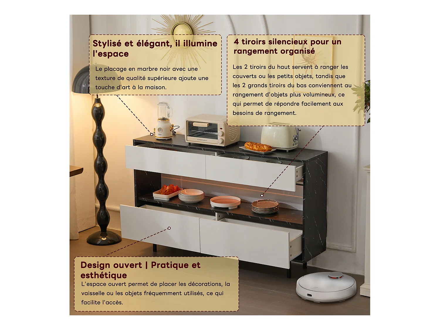 Buffet effet marbre noir et blanc 4 tiroirs et éclairage LED 150x35x89,5cm