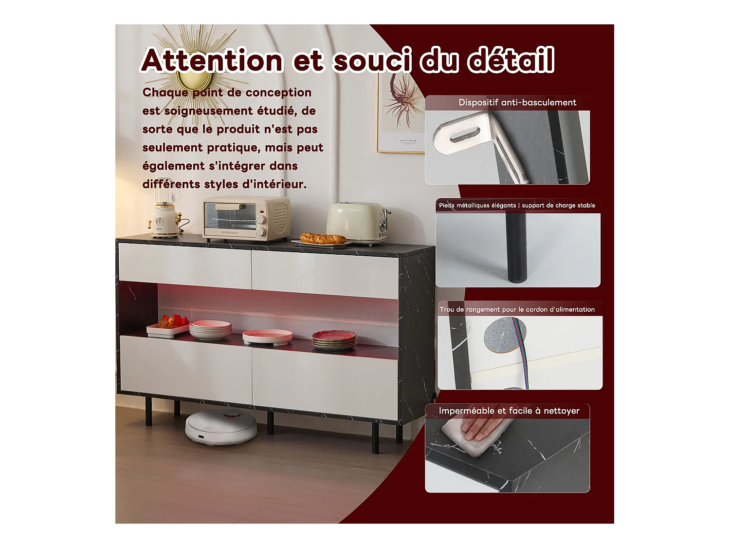 Buffet effet marbre noir et blanc 4 tiroirs et éclairage LED 150x35x89,5cm