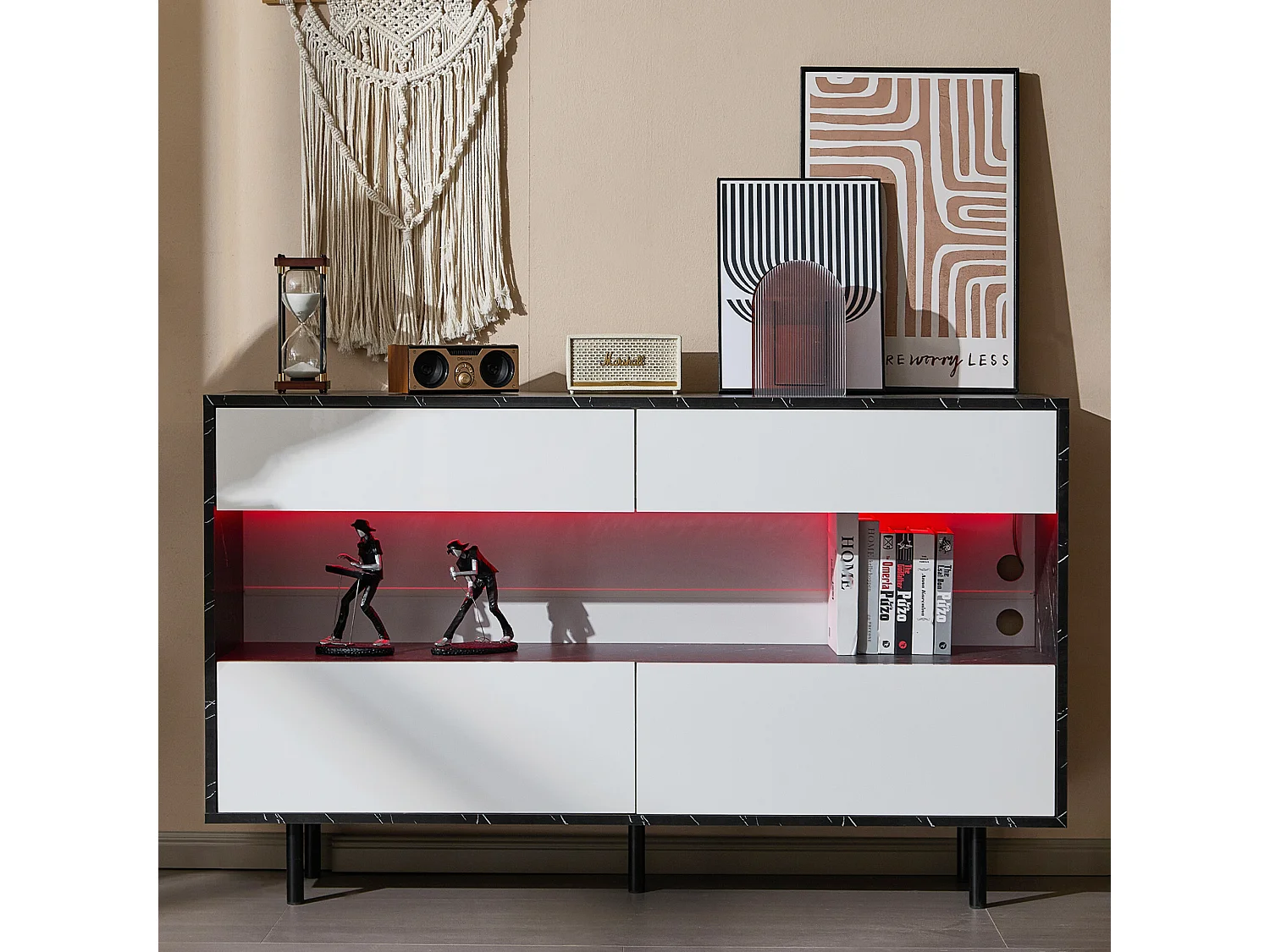 Buffet effet marbre noir et blanc 4 tiroirs et éclairage LED 150x35x89,5cm