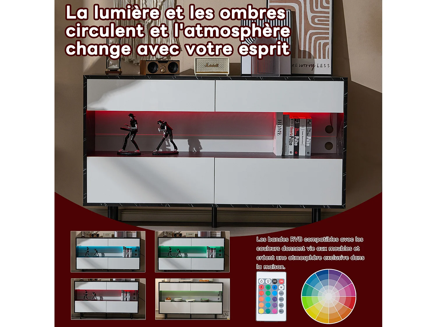 Buffet effet marbre noir et blanc 4 tiroirs et éclairage LED 150x35x89,5cm