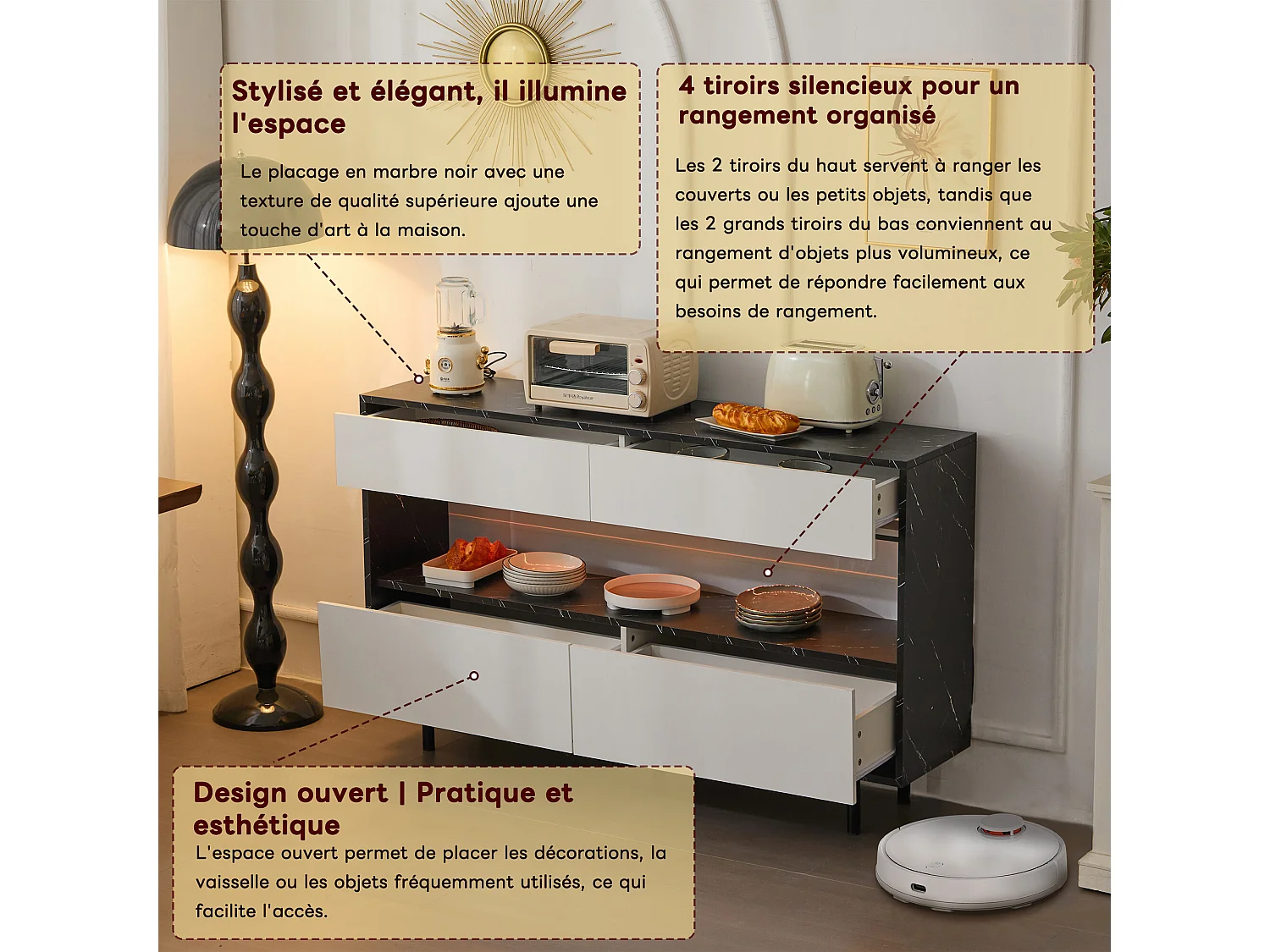 Buffet effet marbre noir et blanc 4 tiroirs et éclairage LED 150x35x89,5cm