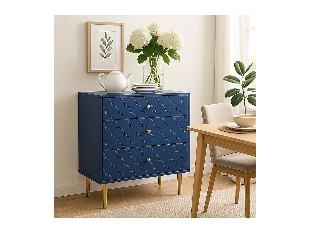 Commode buffet haut avec 3 tiroirs bleu marine motif d'écailles pieds dorés H89/L75/P40 cm