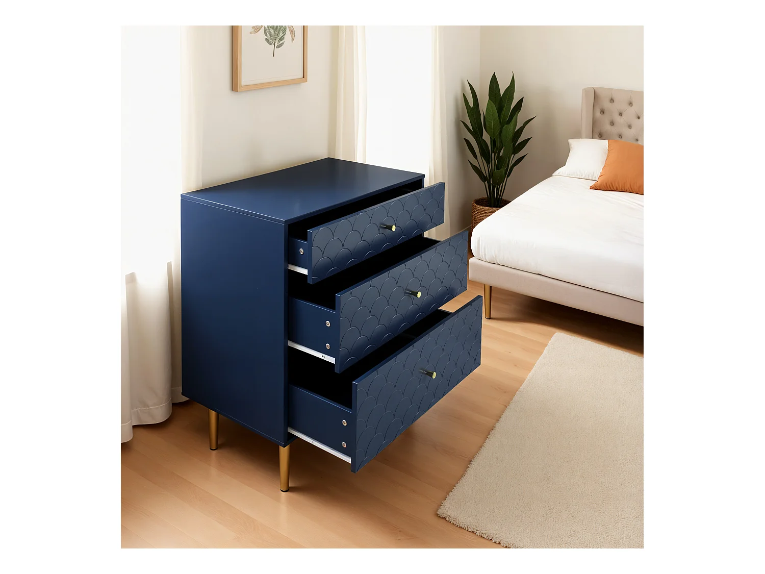 Commode buffet haut avec 3 tiroirs bleu marine motif d'écailles pieds dorés H89/L75/P40 cm