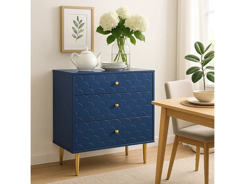 Commode buffet haut avec 3 tiroirs bleu marine motif d'écailles pieds dorés H89/L75/P40 cm