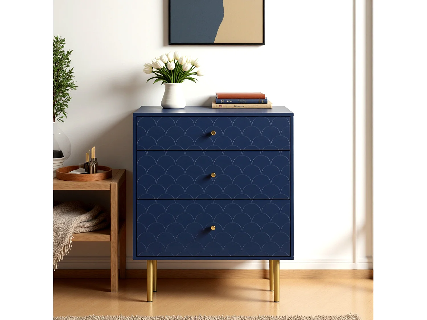 Commode buffet haut avec 3 tiroirs bleu marine motif d'écailles pieds dorés H89/L75/P40 cm