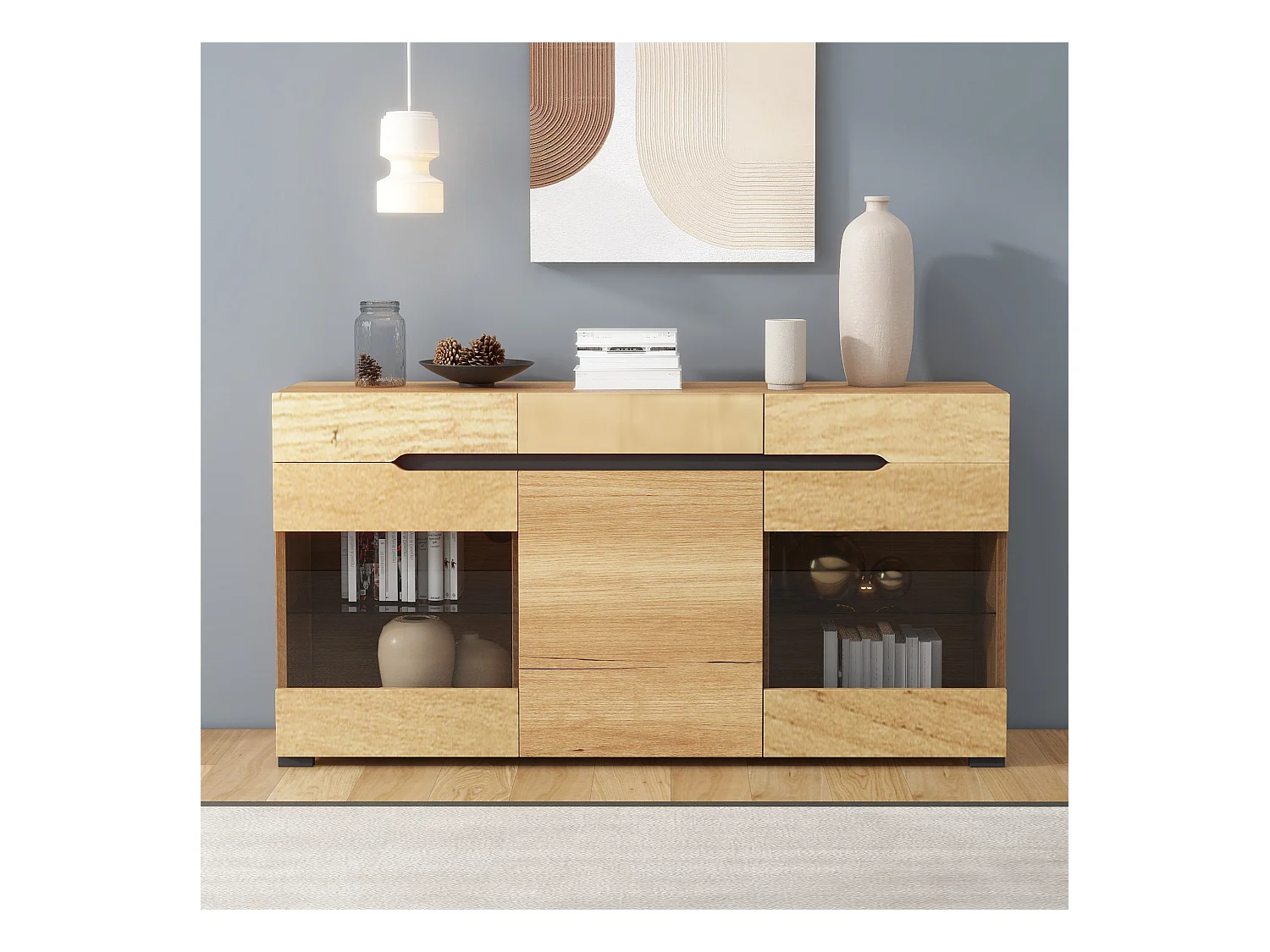 Buffet moderne LED rangement 3 portes 3 tiroirs 140*35*80