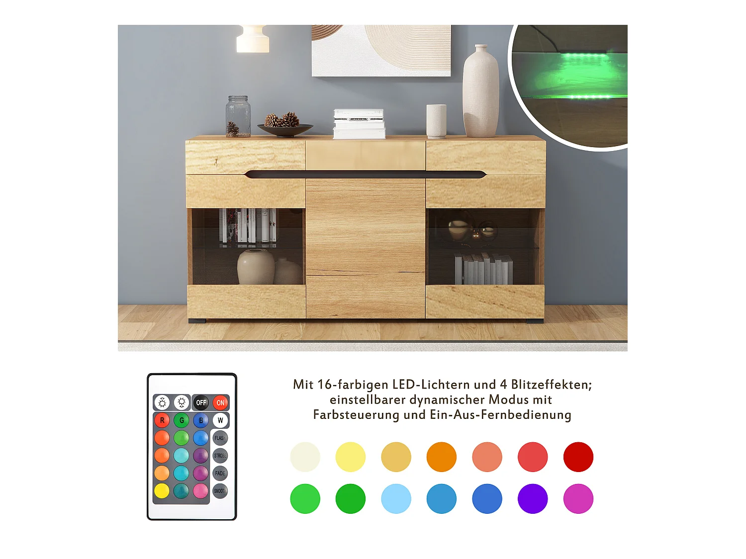 Buffet moderne LED rangement 3 portes 3 tiroirs 140*35*80