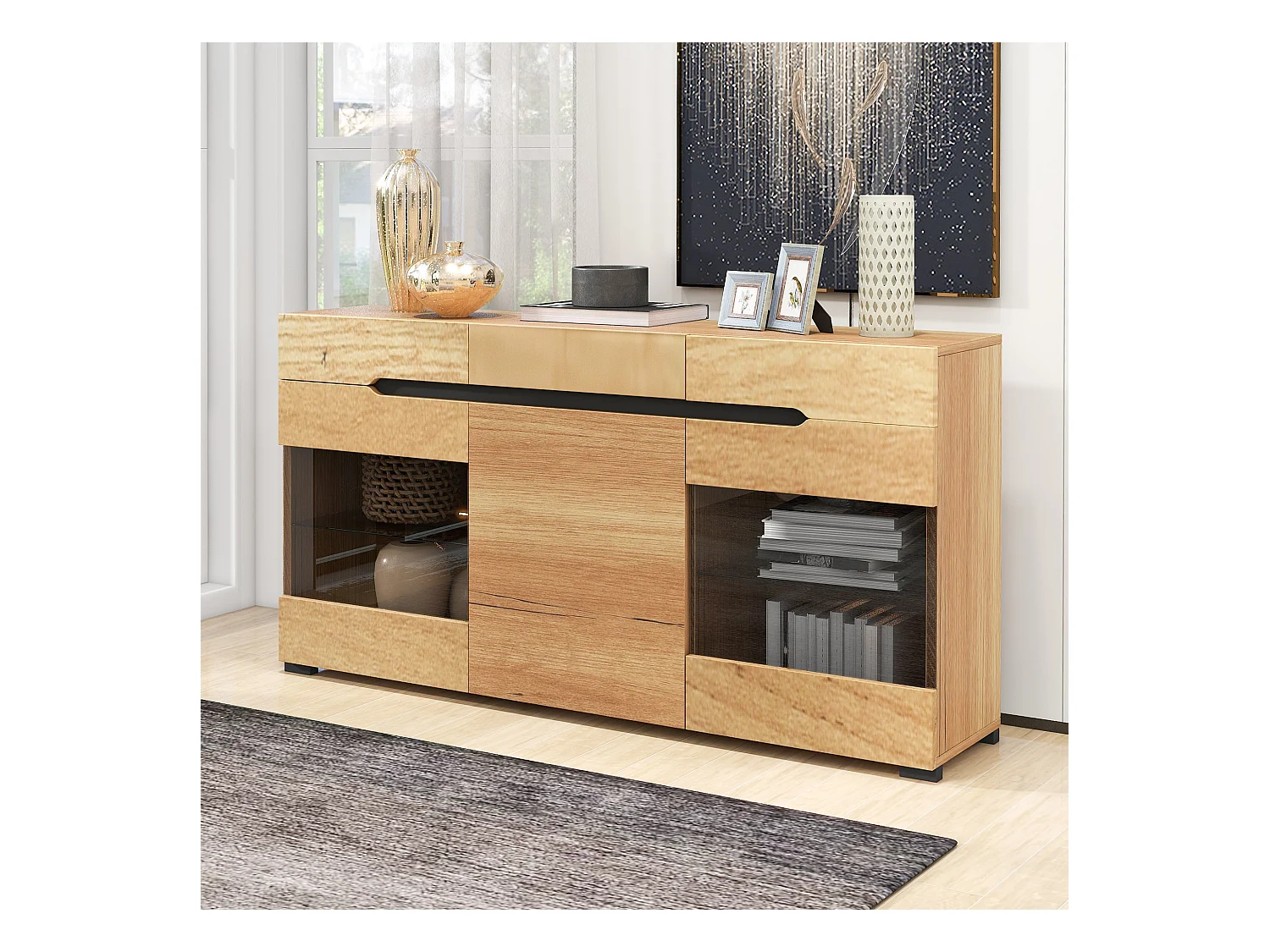 Buffet moderne LED rangement 3 portes 3 tiroirs 140*35*80