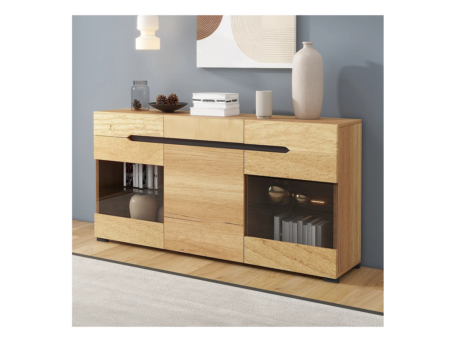 Buffet moderne LED rangement 3 portes 3 tiroirs 140*35*80