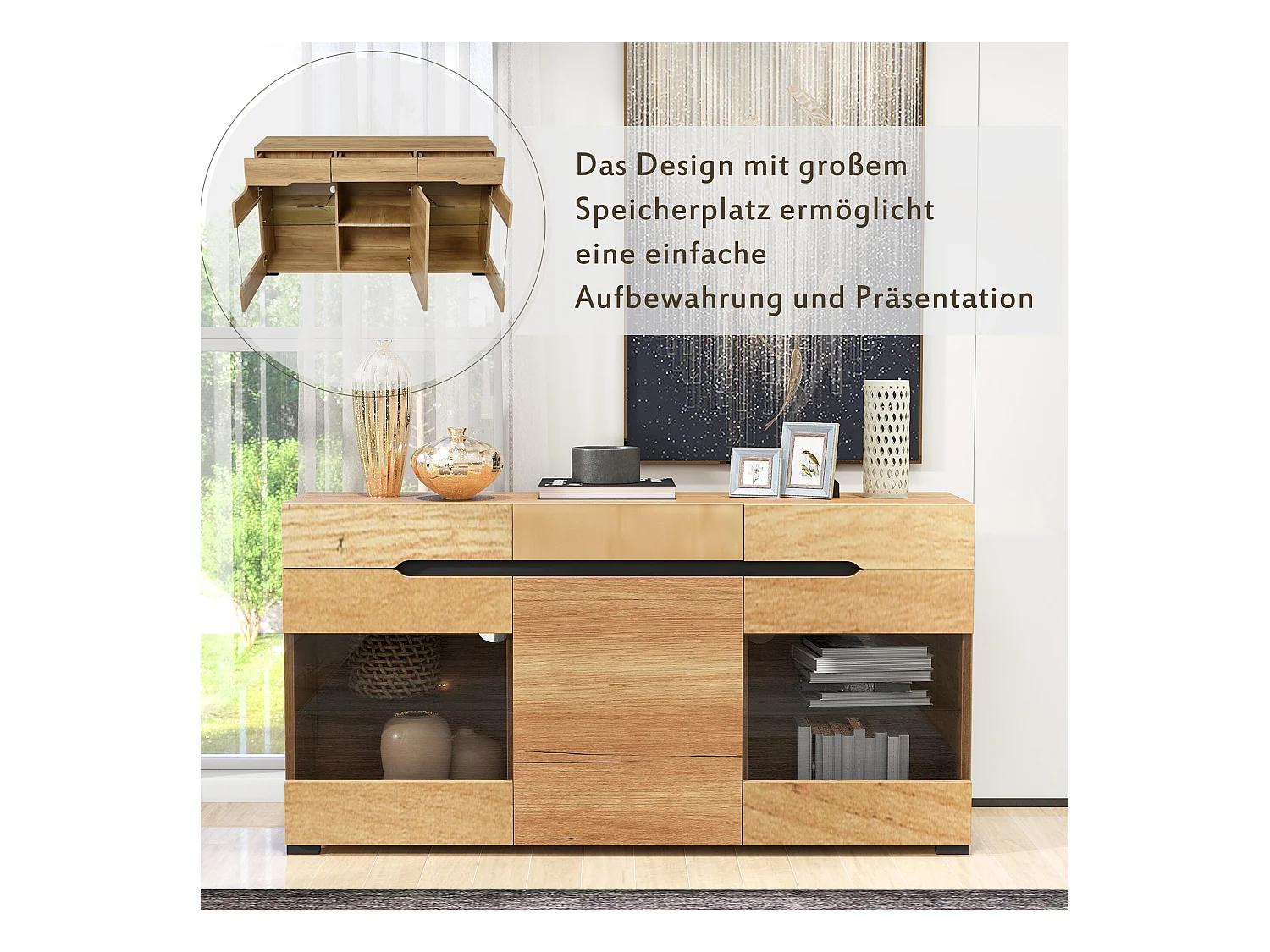 Buffet moderne LED rangement 3 portes 3 tiroirs 140*35*80