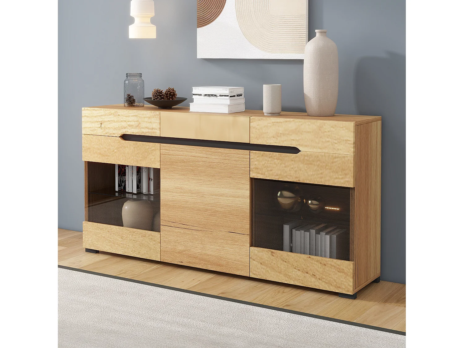 Buffet moderne LED rangement 3 portes 3 tiroirs 140*35*80