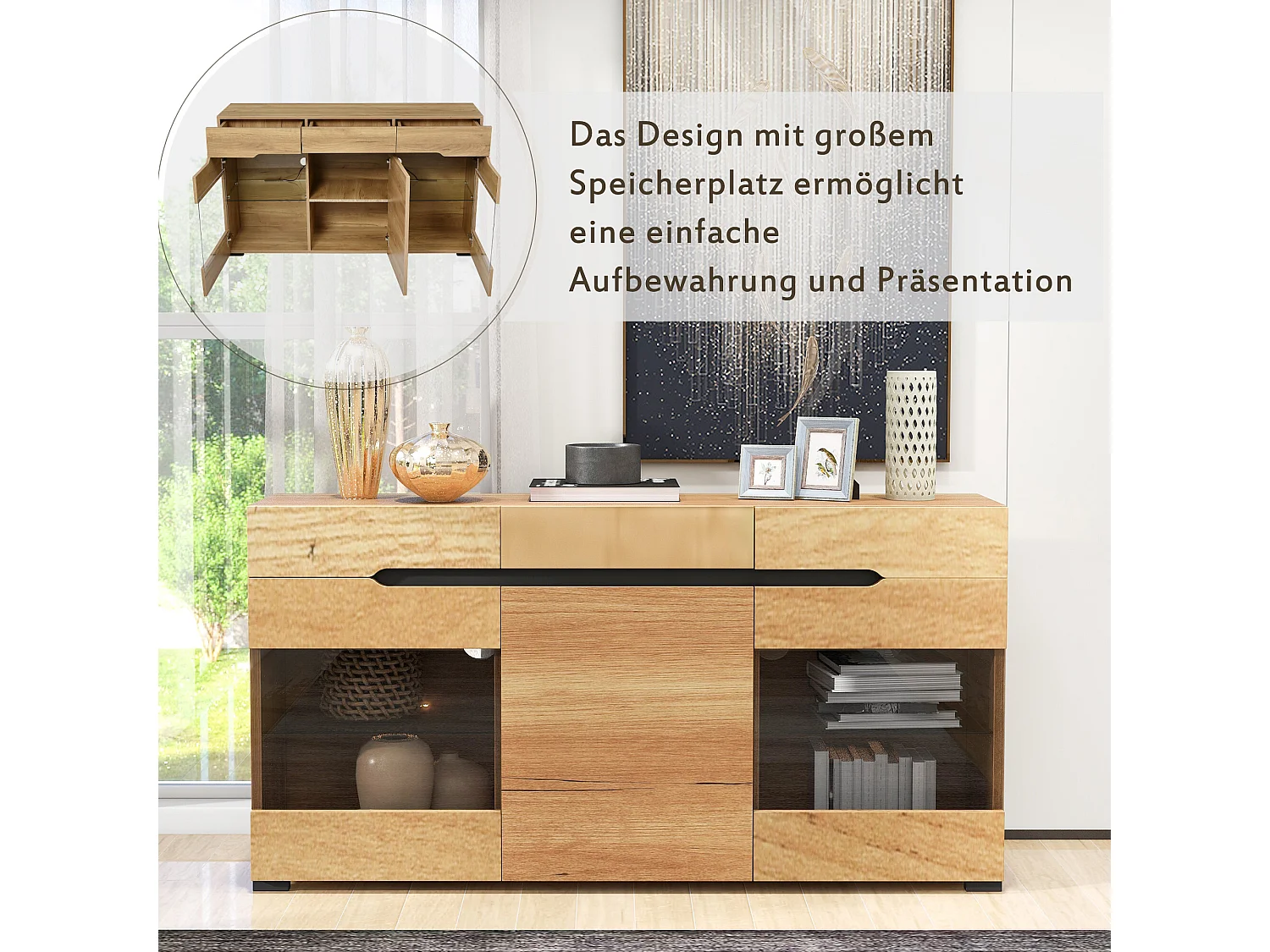 Buffet moderne LED rangement 3 portes 3 tiroirs 140*35*80