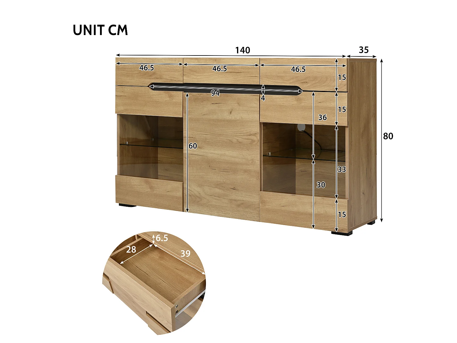 Buffet moderne LED rangement 3 portes 3 tiroirs 140*35*80