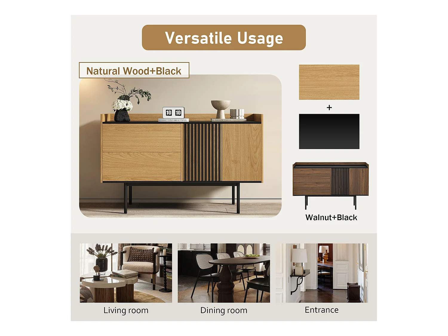 Buffet effet bois noyer et noir avec 2 tiroirs 2 portes