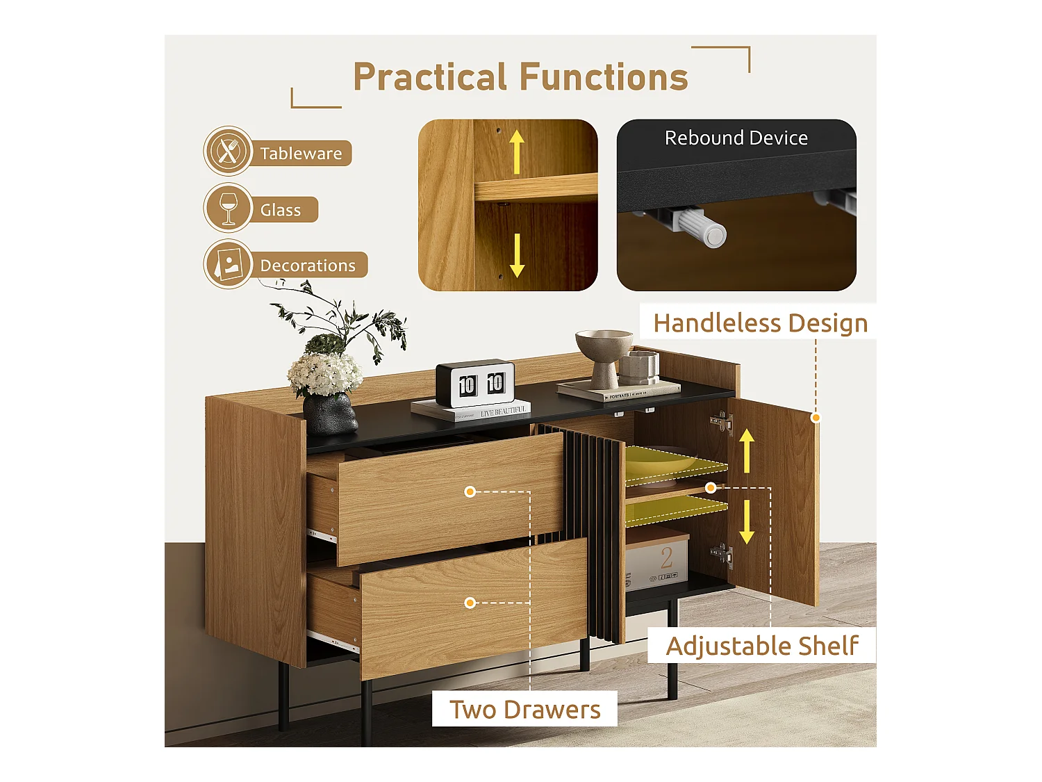 Buffet effet bois noyer et noir avec 2 tiroirs 2 portes