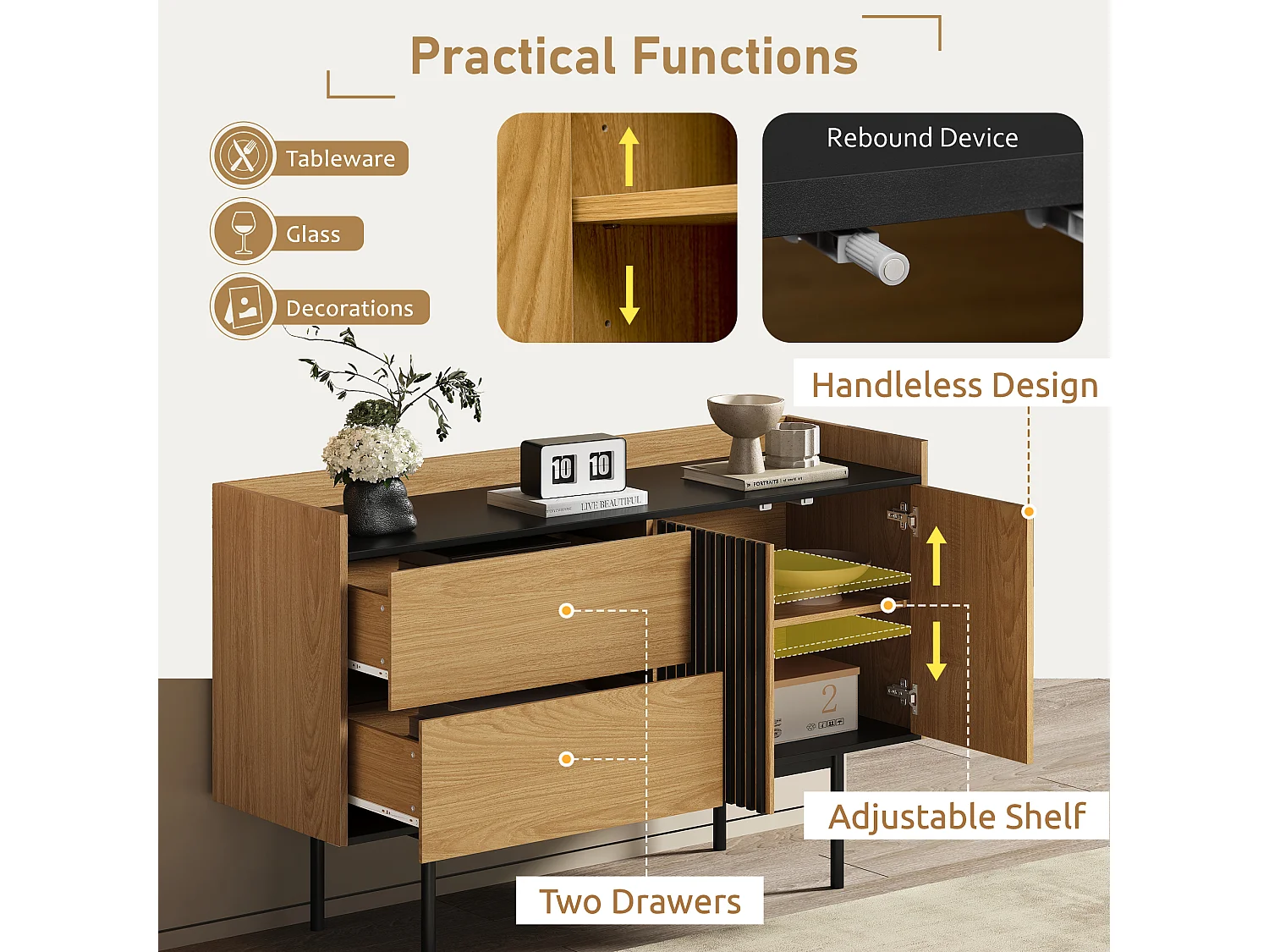 Buffet effet bois noyer et noir avec 2 tiroirs 2 portes