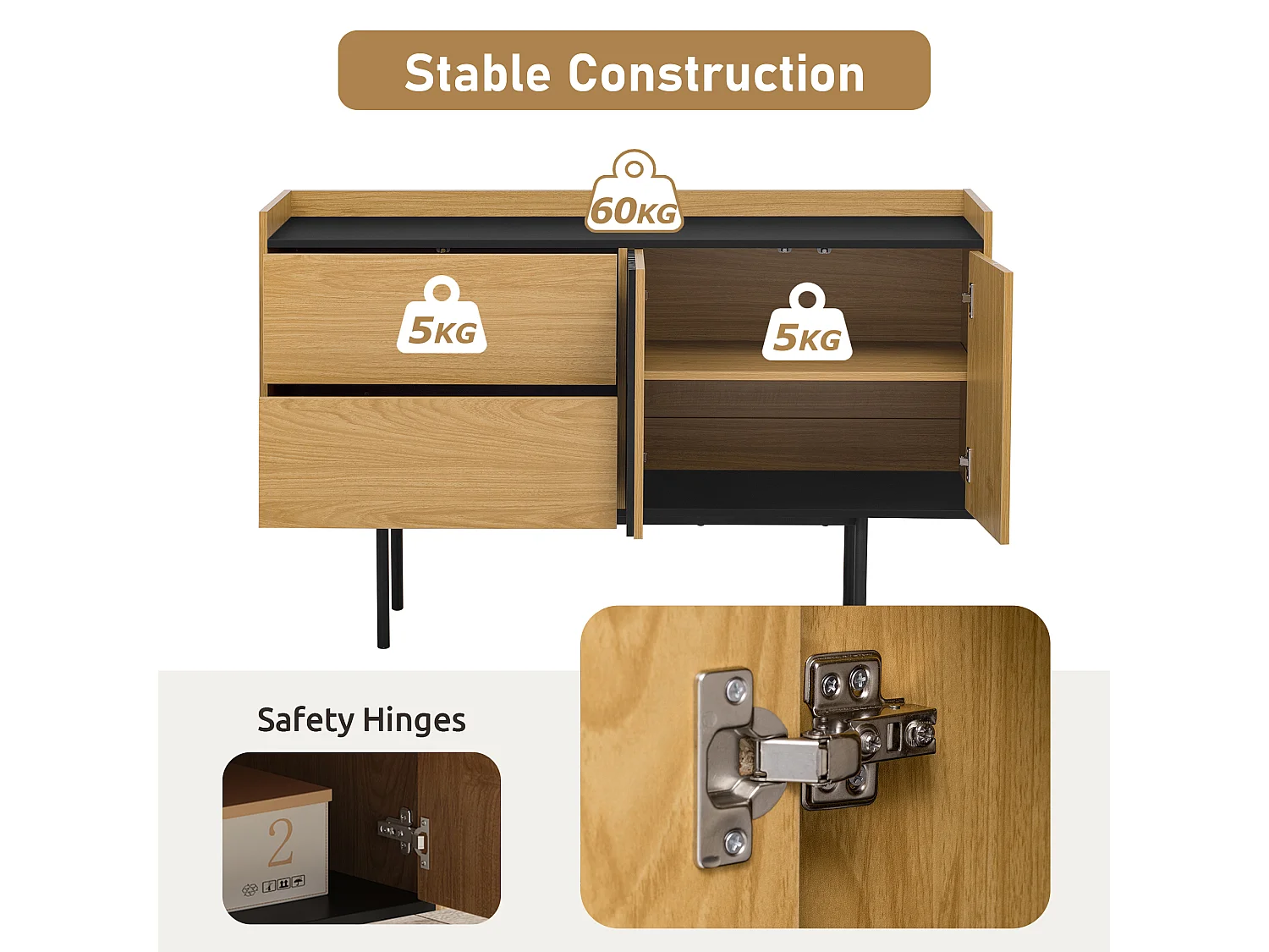 Buffet effet bois noyer et noir avec 2 tiroirs 2 portes