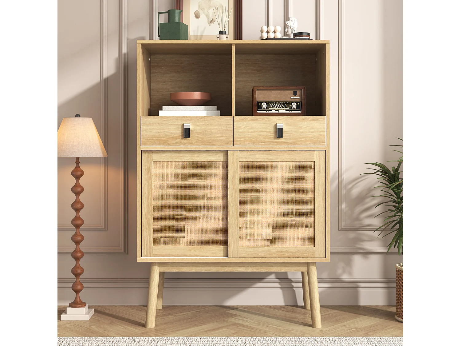 Buffet effet bois portes en rotin 2 tiroirs 2 portes 80x39,5x120 cm