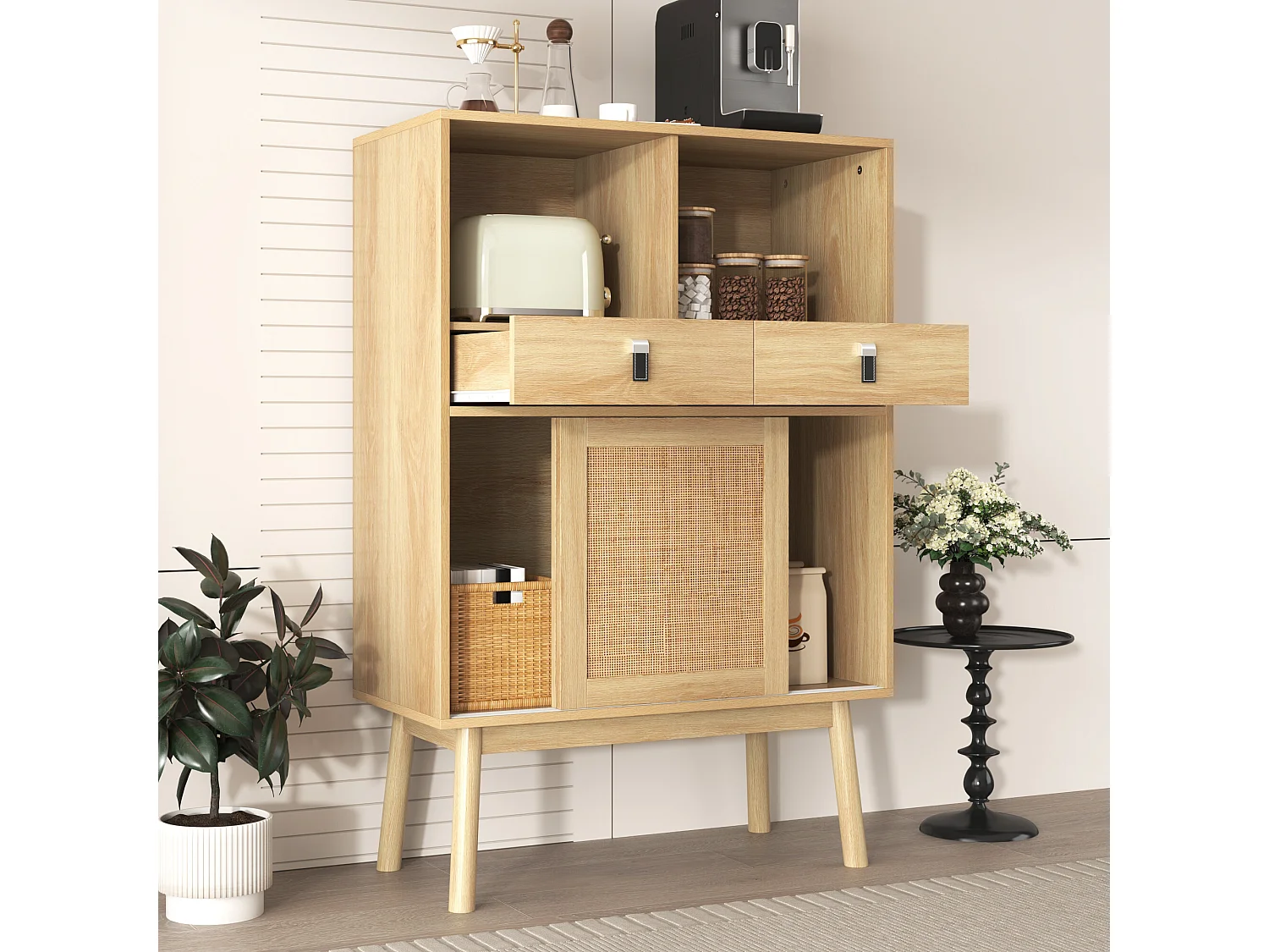 Buffet effet bois portes en rotin 2 tiroirs 2 portes 80x39,5x120 cm