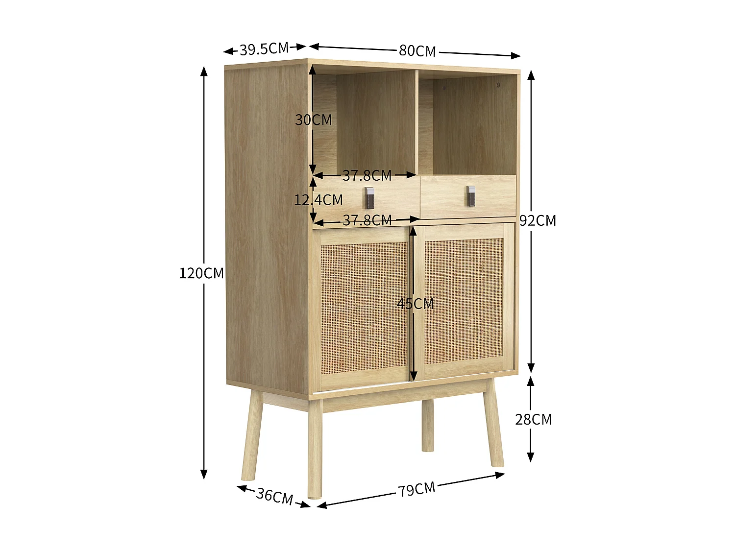 Buffet effet bois portes en rotin 2 tiroirs 2 portes 80x39,5x120 cm