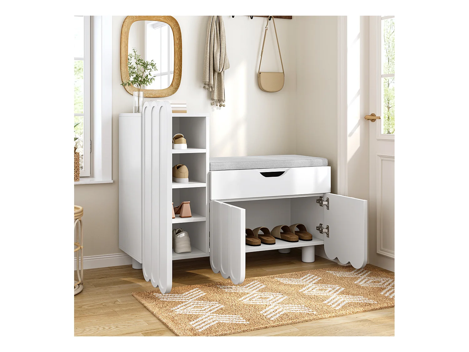 URBAN MEUBLE Meuble à chaussures blanc avec rangement banc assise rembourrée