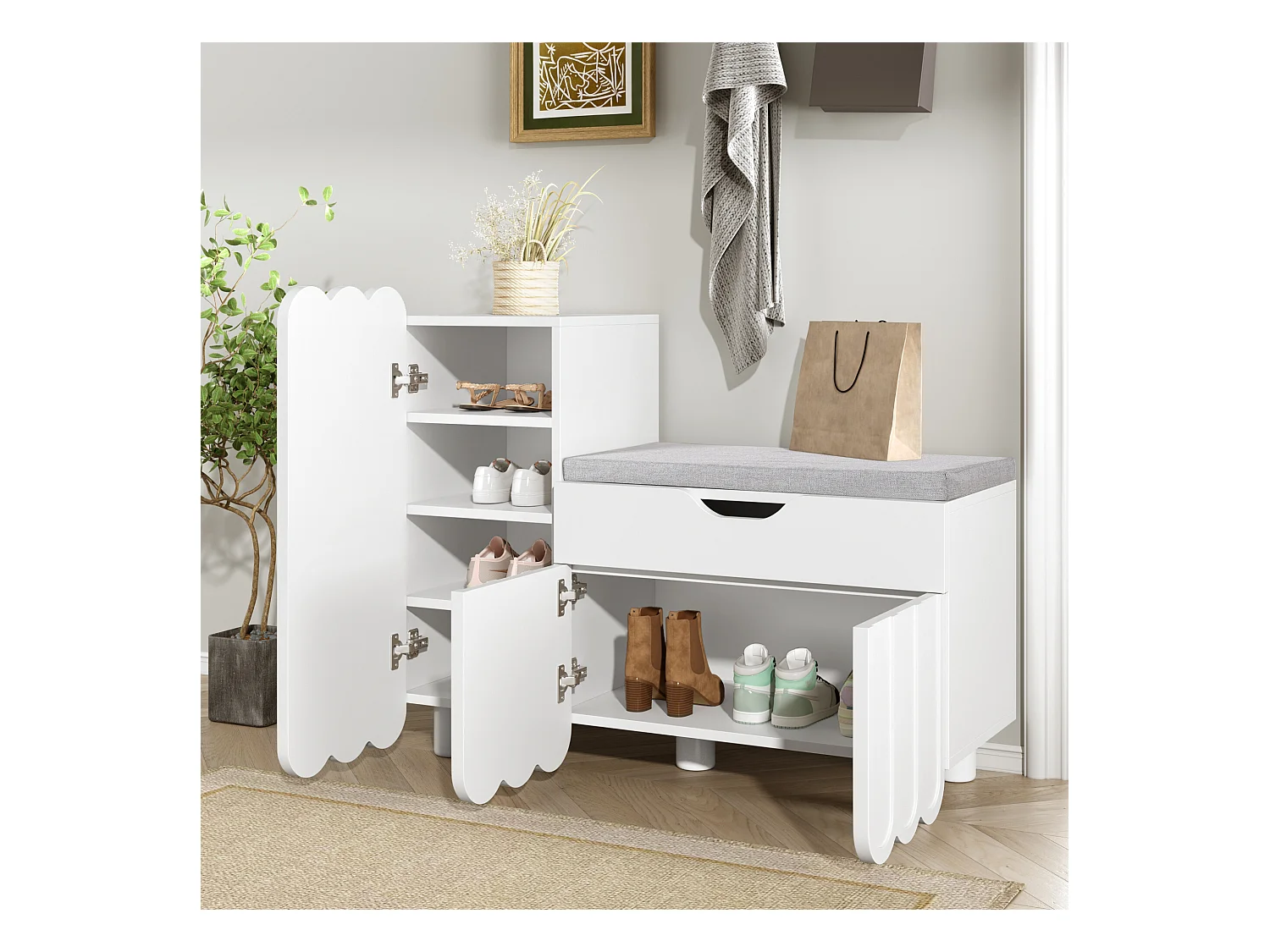 URBAN MEUBLE Meuble à chaussures blanc avec rangement banc assise rembourrée