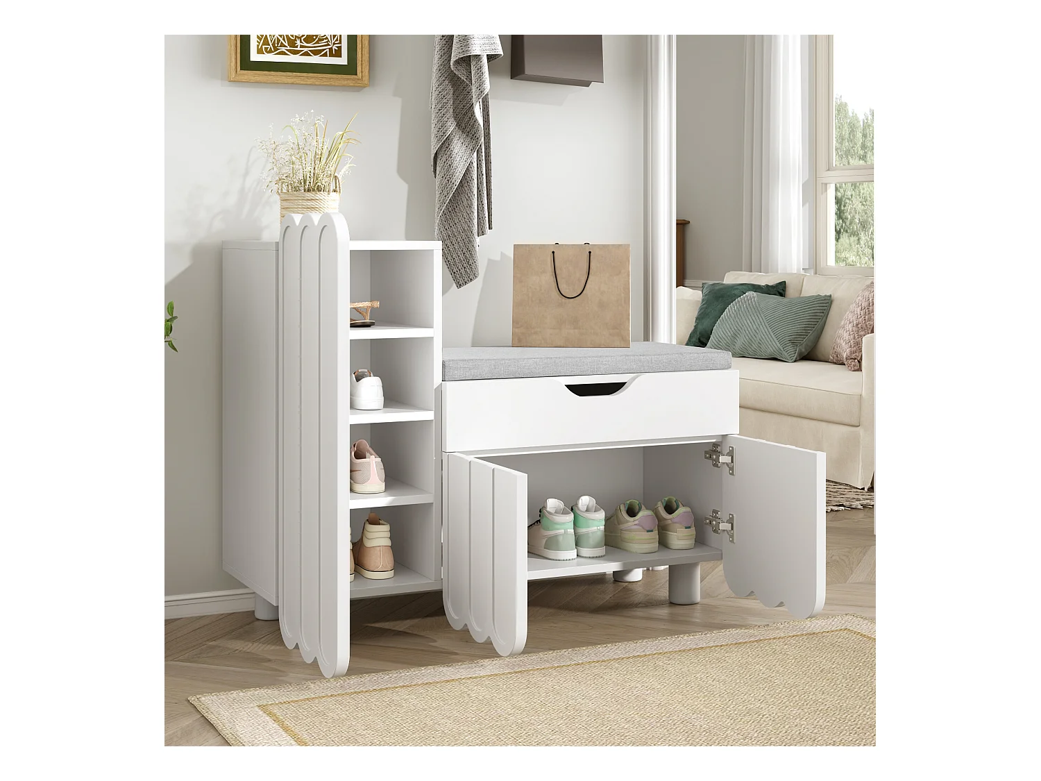 URBAN MEUBLE Meuble à chaussures blanc avec rangement banc assise rembourrée