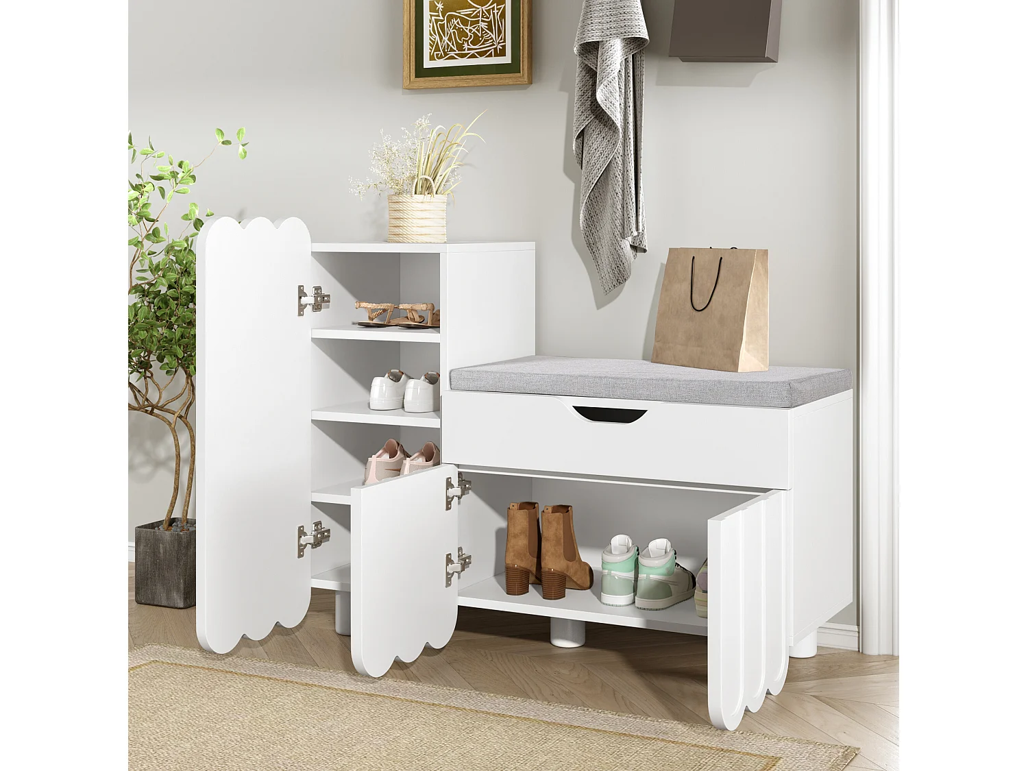 URBAN MEUBLE Meuble à chaussures blanc avec rangement banc assise rembourrée