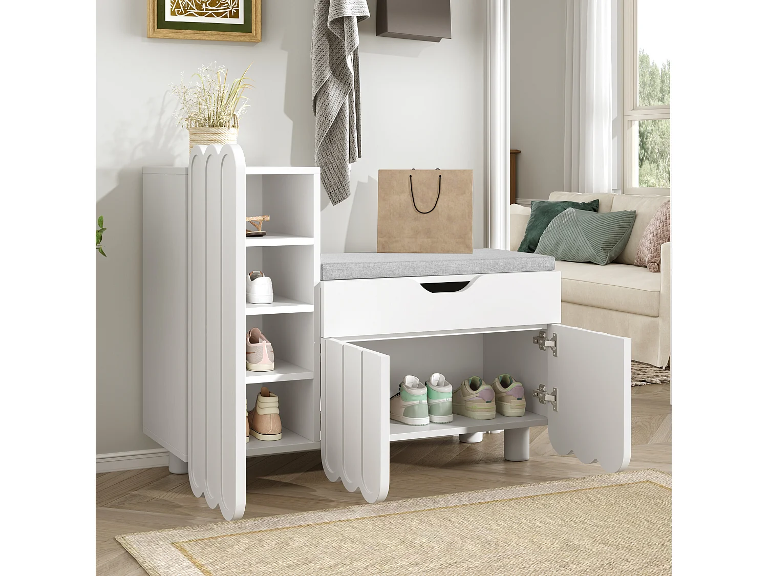 URBAN MEUBLE Meuble à chaussures blanc avec rangement banc assise rembourrée