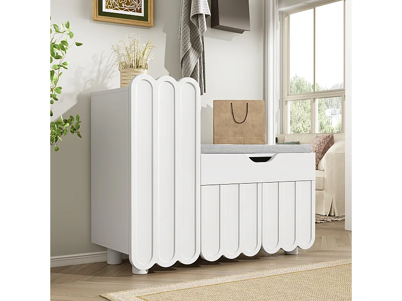 URBAN MEUBLE Meuble à chaussures blanc avec rangement banc assise rembourrée