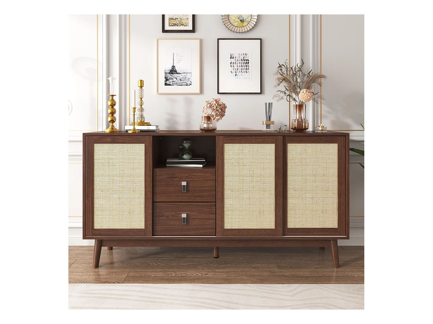 Buffet effet bois noyer avec 3 portes coulissantes en rotin et 2 tiroirs 155x38x80cm