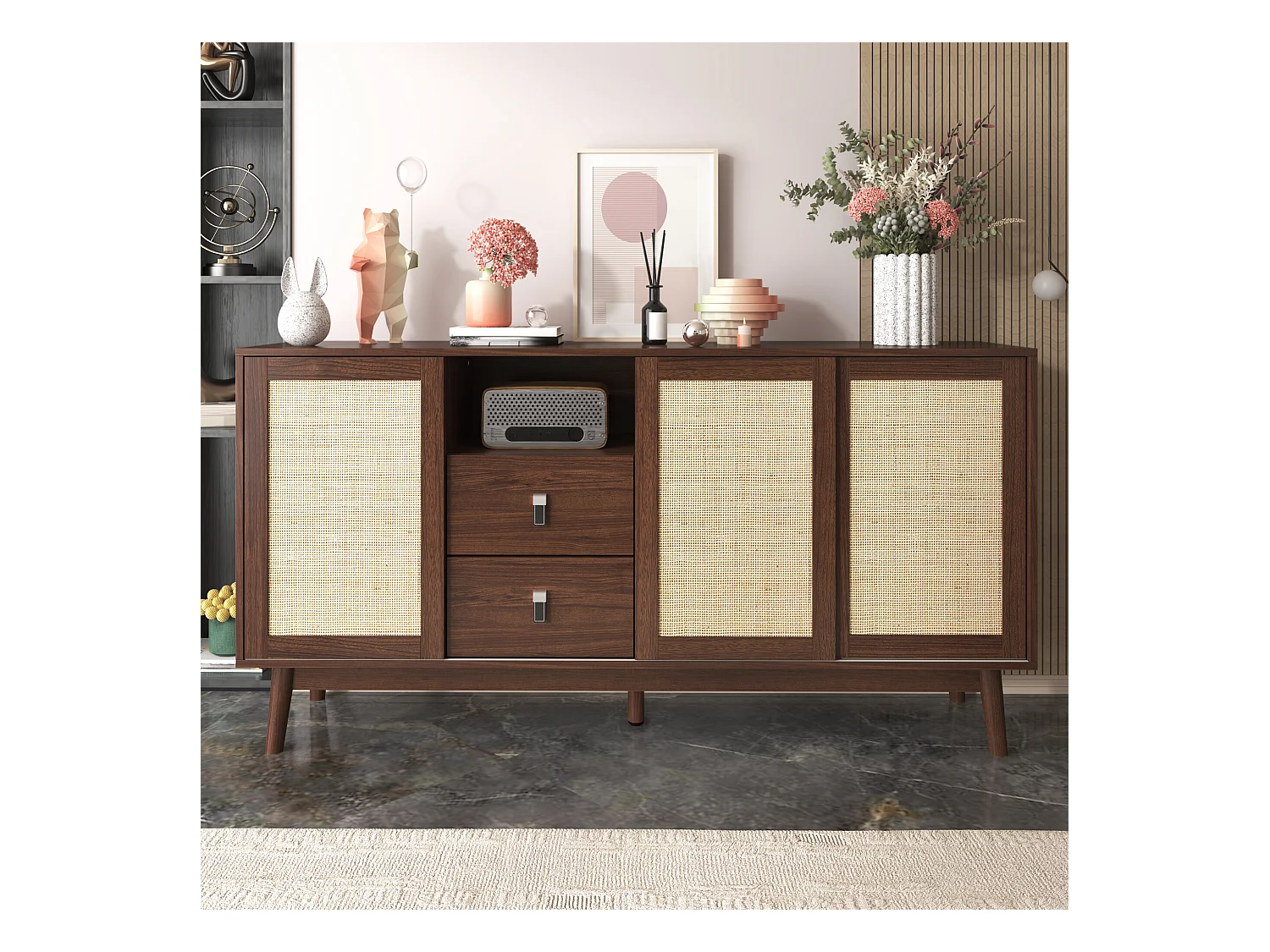 Buffet effet bois noyer avec 3 portes coulissantes en rotin et 2 tiroirs 155x38x80cm