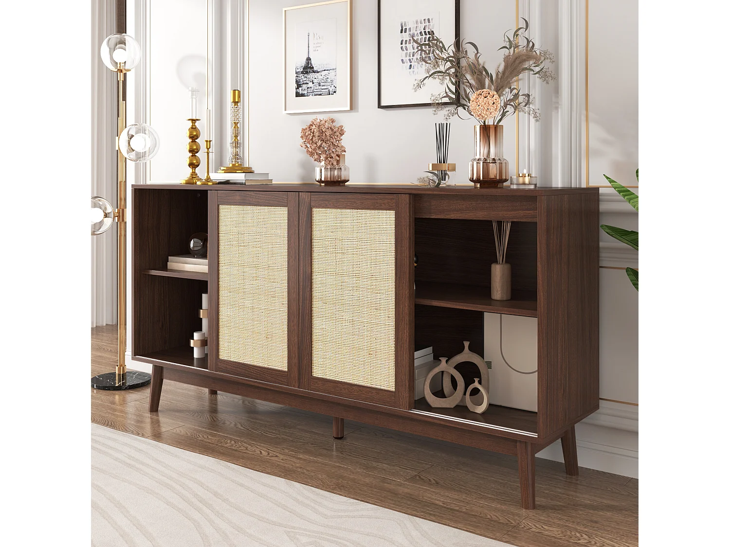 Buffet effet bois noyer avec 3 portes coulissantes en rotin et 2 tiroirs 155x38x80cm