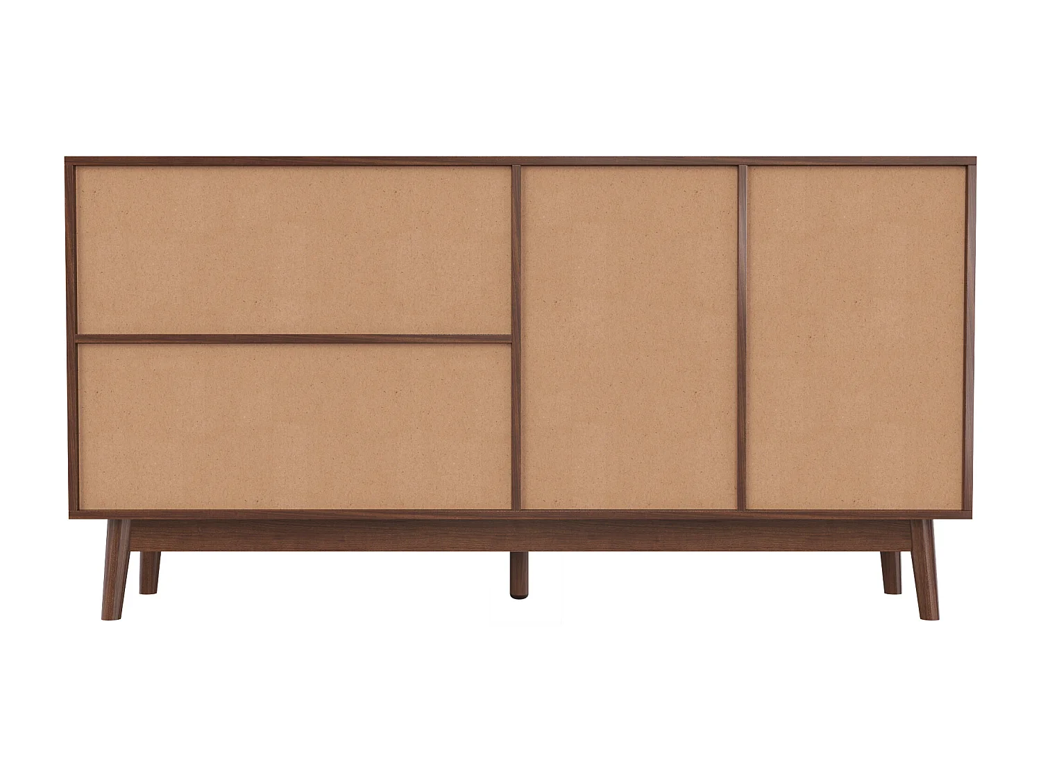 Buffet effet bois noyer avec 3 portes coulissantes en rotin et 2 tiroirs 155x38x80cm