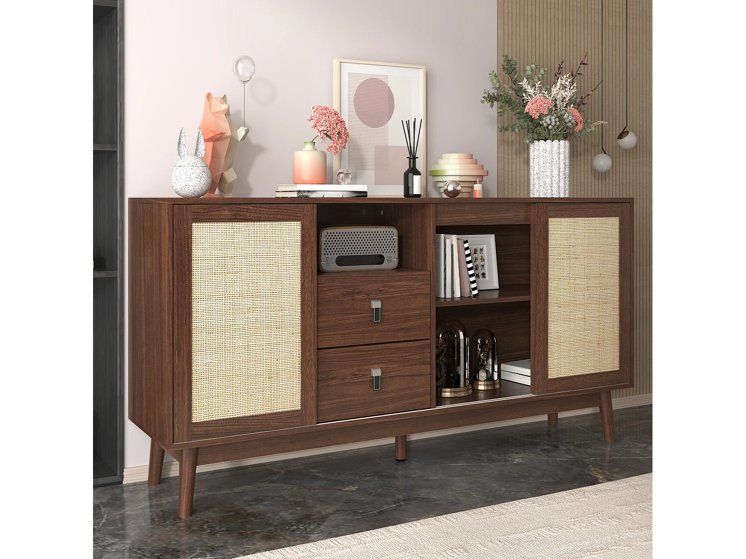 Buffet effet bois noyer avec 3 portes coulissantes en rotin et 2 tiroirs 155x38x80cm