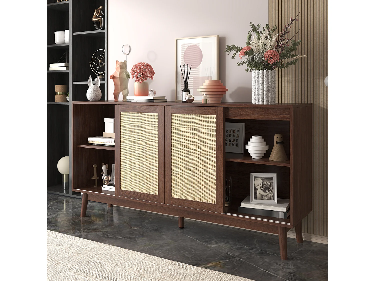 Buffet effet bois noyer avec 3 portes coulissantes en rotin et 2 tiroirs 155x38x80cm