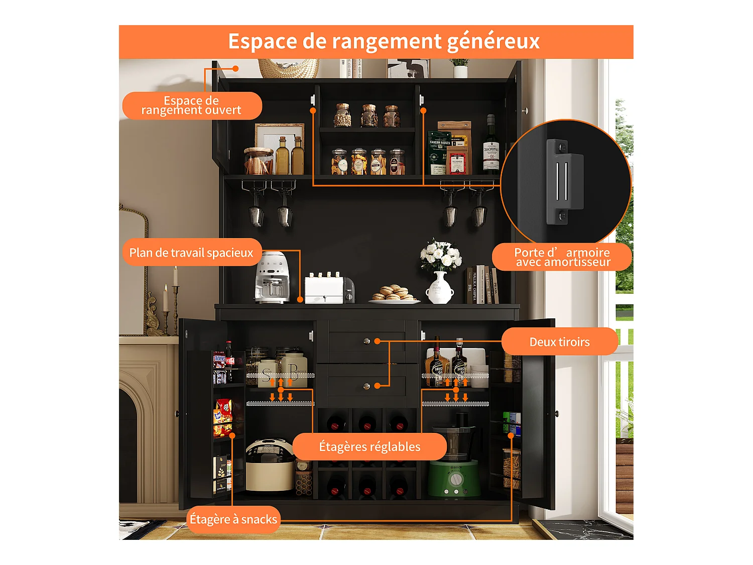 URBAN MEUBLE Buffet de cuisine noir avec porte-verres et range bouteille