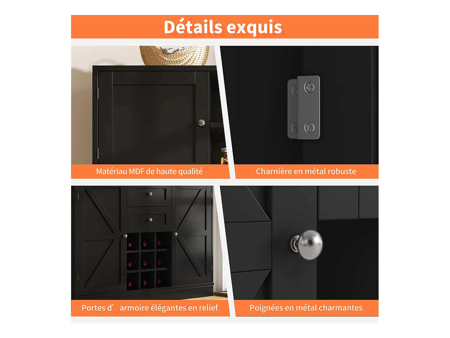 URBAN MEUBLE Buffet de cuisine noir avec porte-verres et range bouteille