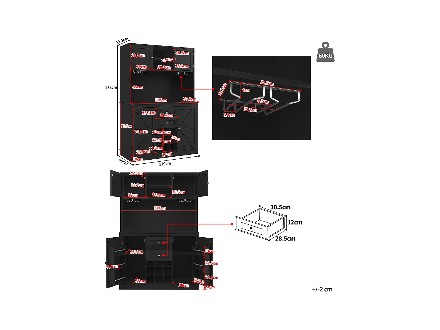 URBAN MEUBLE Buffet de cuisine noir avec porte-verres et range bouteille