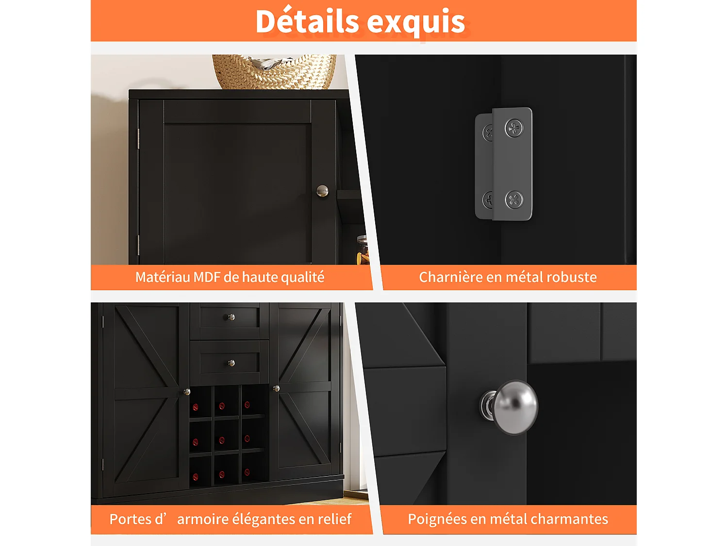 URBAN MEUBLE Buffet de cuisine noir avec porte-verres et range bouteille