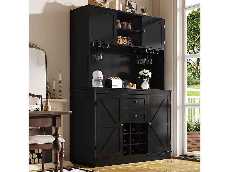 URBAN MEUBLE Buffet de cuisine noir avec porte-verres et range bouteille