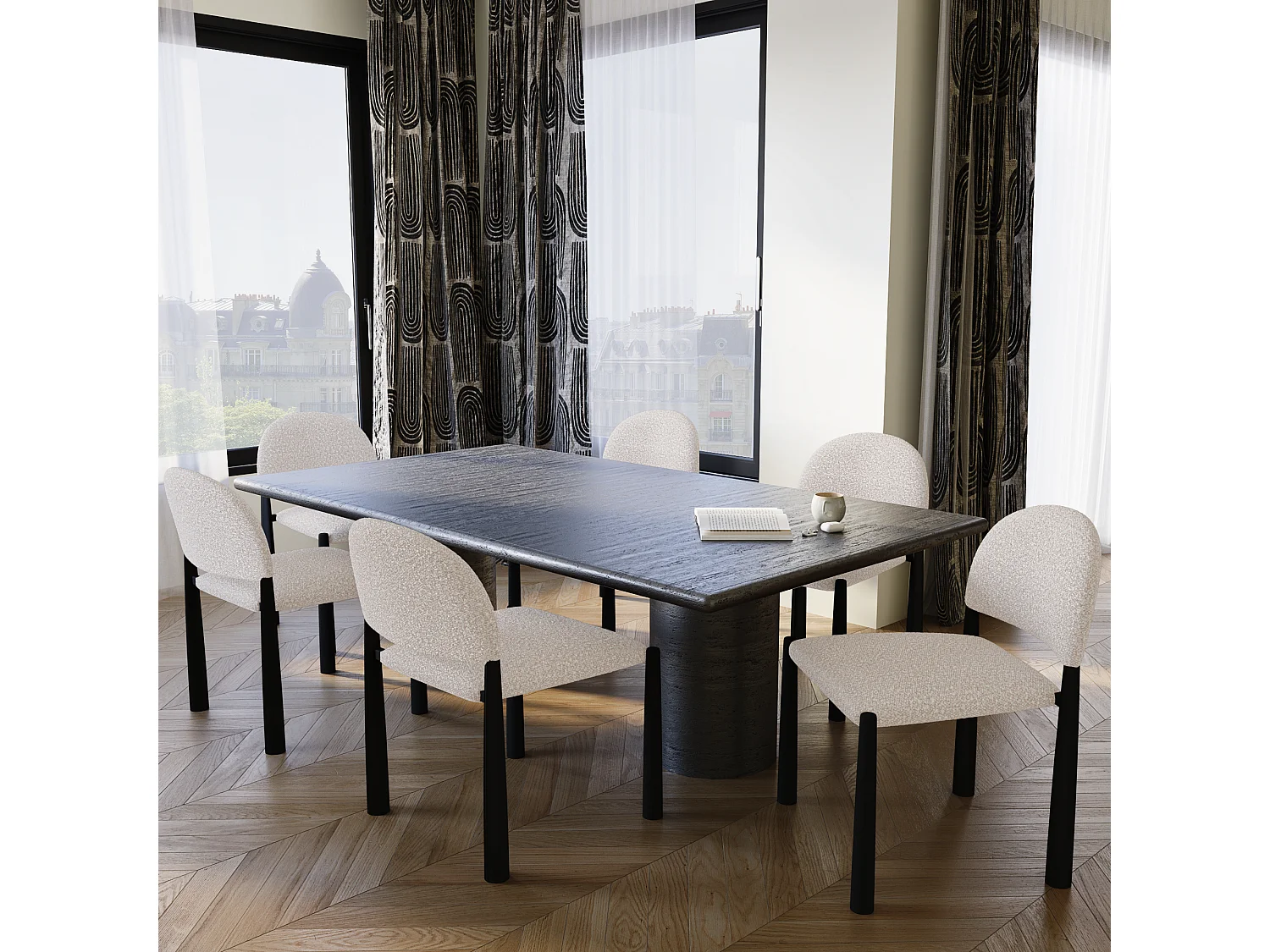 Lot de 2 chaises bouclette crème et pieds noirs MILO