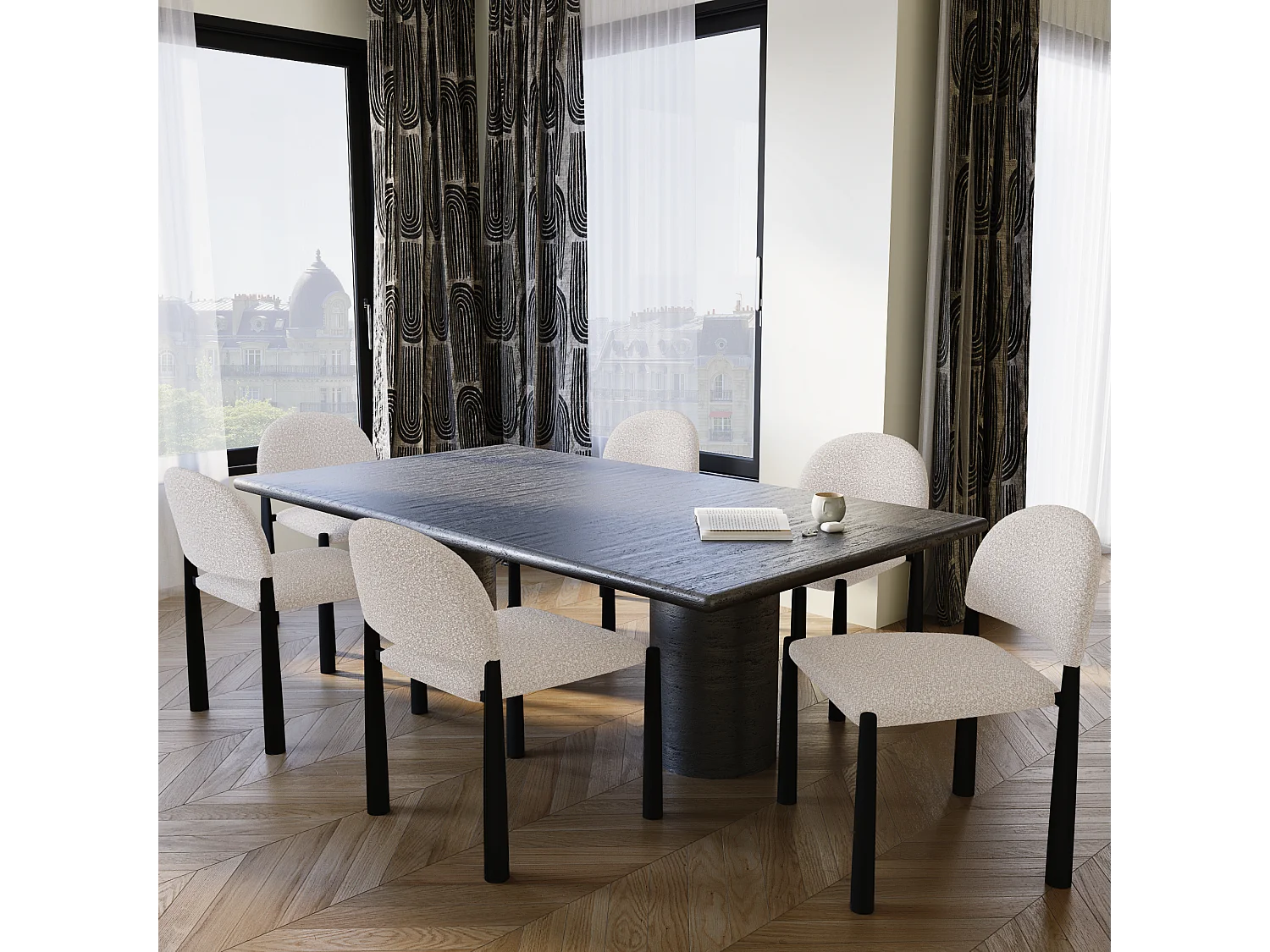 Lot de 2 chaises bouclette crème et pieds noirs MILO