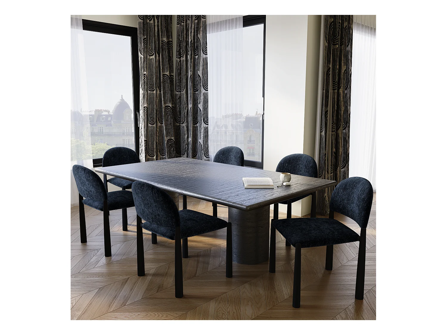 Lot de 2 chaises velours texturé bleu foncé et pieds noirs MILO