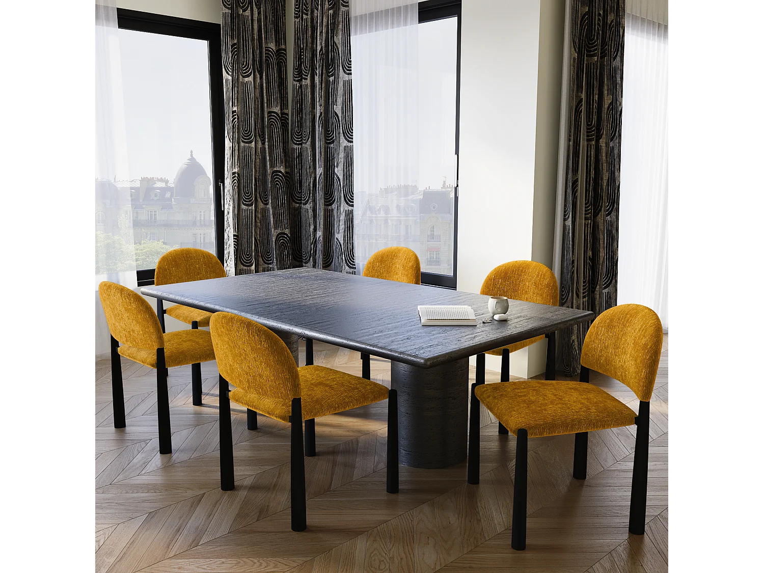 Lot de 2 chaises velours texturé moutarde et pieds noirs MILO